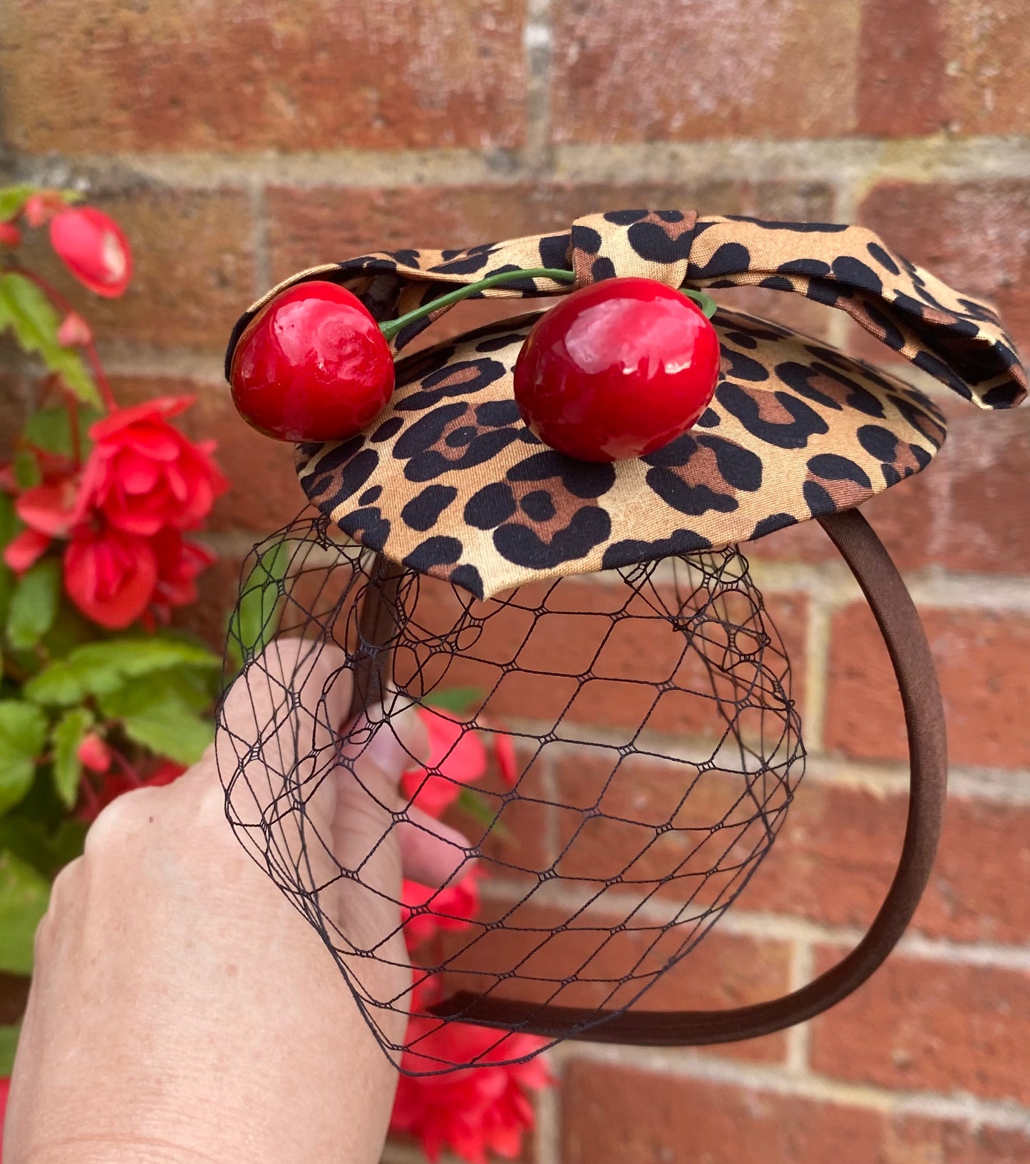 Leopard Print Cherry Fascinator with Veil – Vintage Rockabilly Hair Accessory