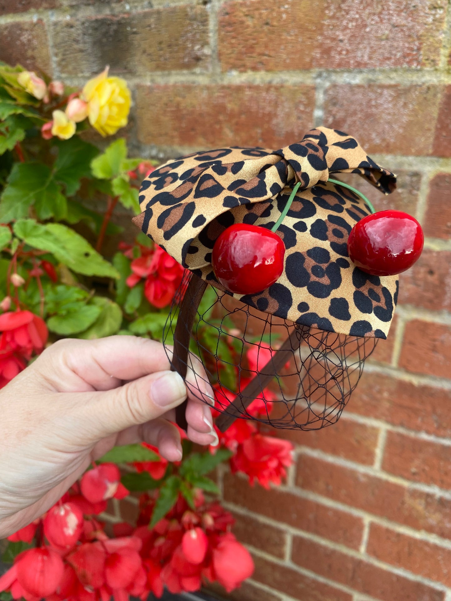 Leopard Print Cherry Fascinator with Veil – Vintage Rockabilly Hair Accessory
