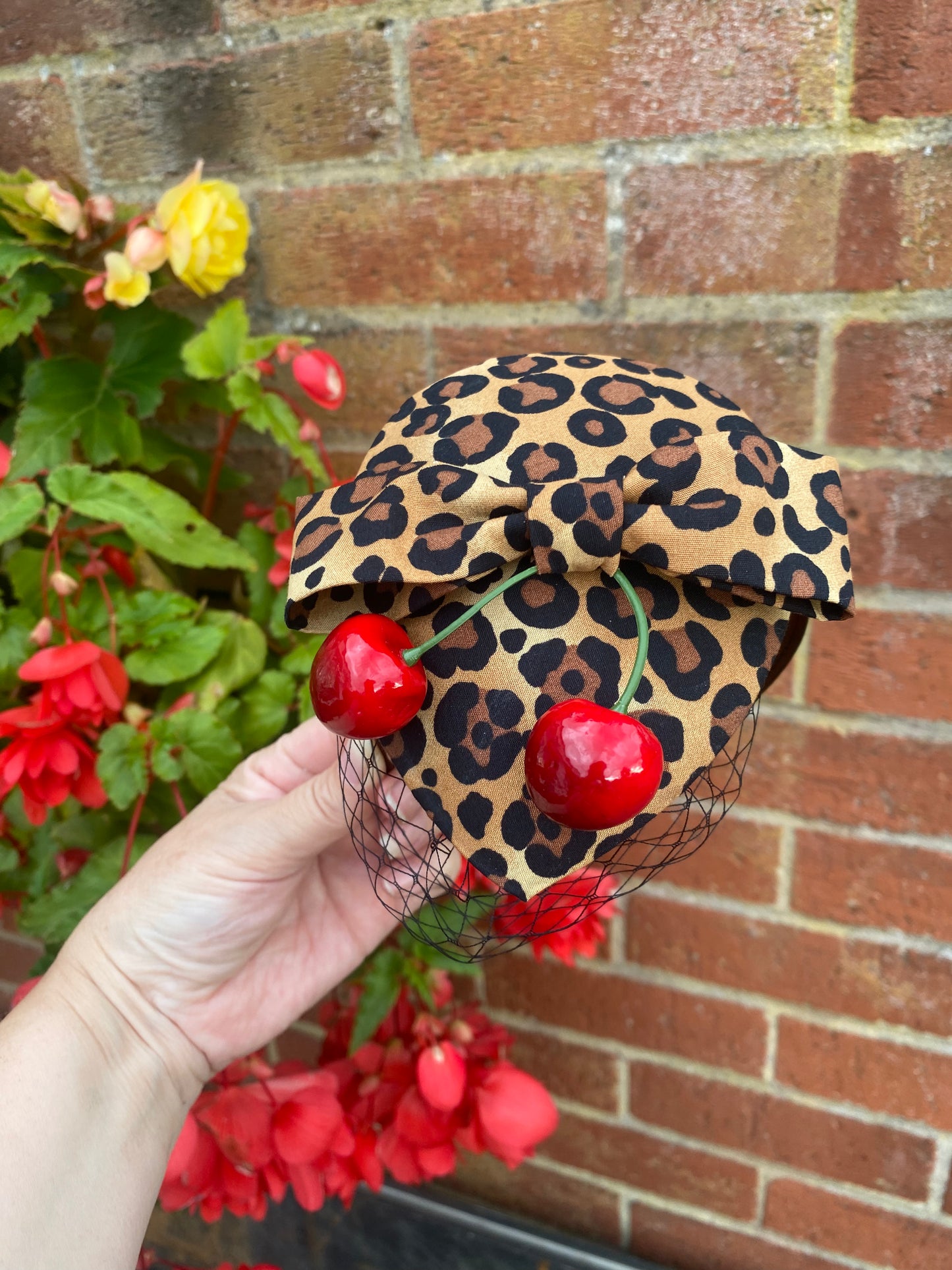 Leopard Print Cherry Fascinator with Veil – Vintage Rockabilly Hair Accessory