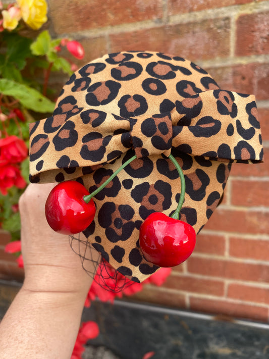 Leopard Print Cherry Fascinator with Veil – Vintage Rockabilly Hair Accessory