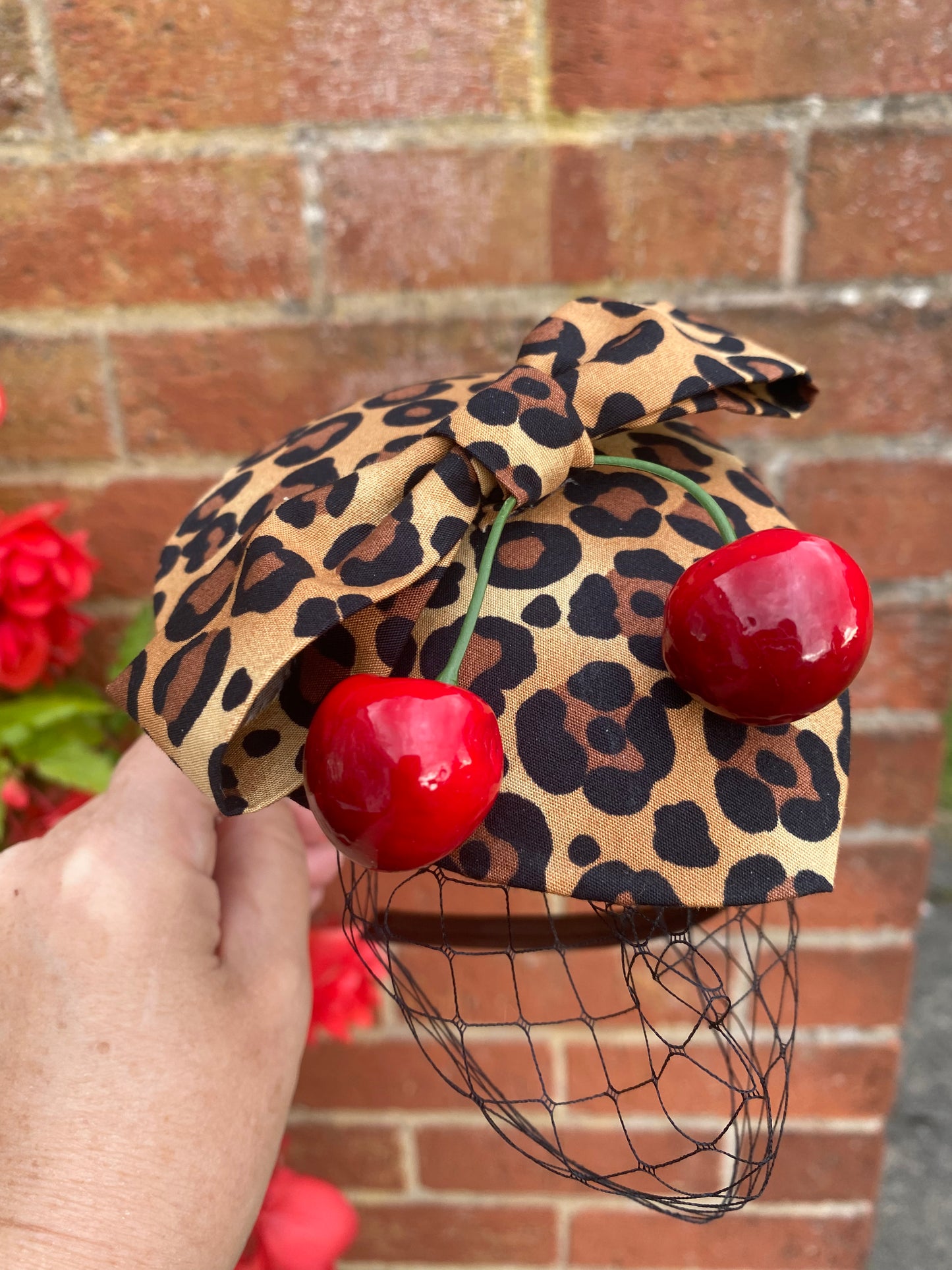 Leopard Print Cherry Fascinator with Veil – Vintage Rockabilly Hair Accessory