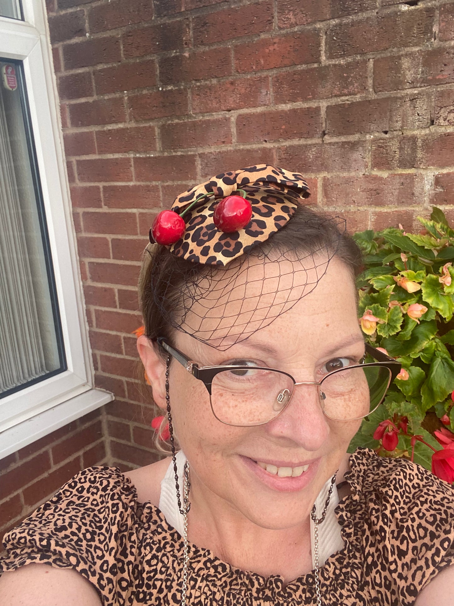 Leopard Print Cherry Fascinator with Veil – Vintage Rockabilly Hair Accessory