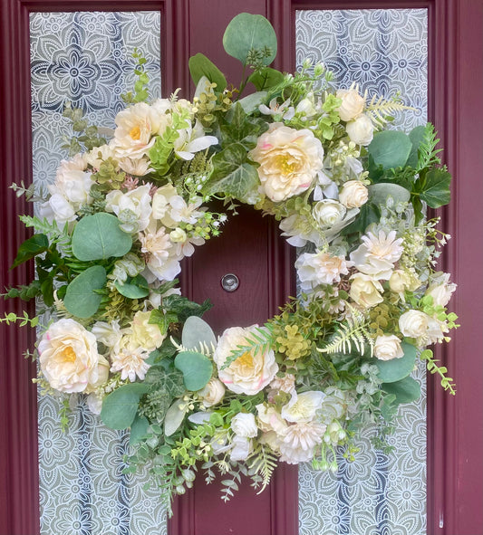 Luxury Cream & Eucalyptus Summer Wreath Handmade Faux Floral Door Wreath